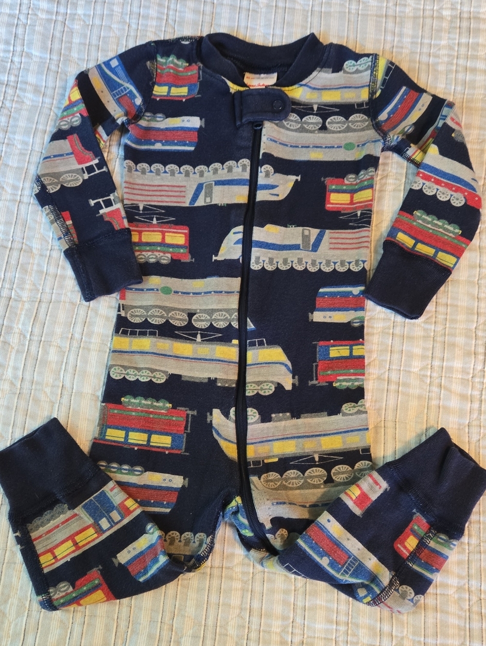 Hanna Andersson Navy Train Print Zip One-Piece